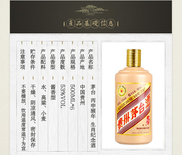 贵州茅台酒茅台猴年生肖酱香型白酒53度500ml